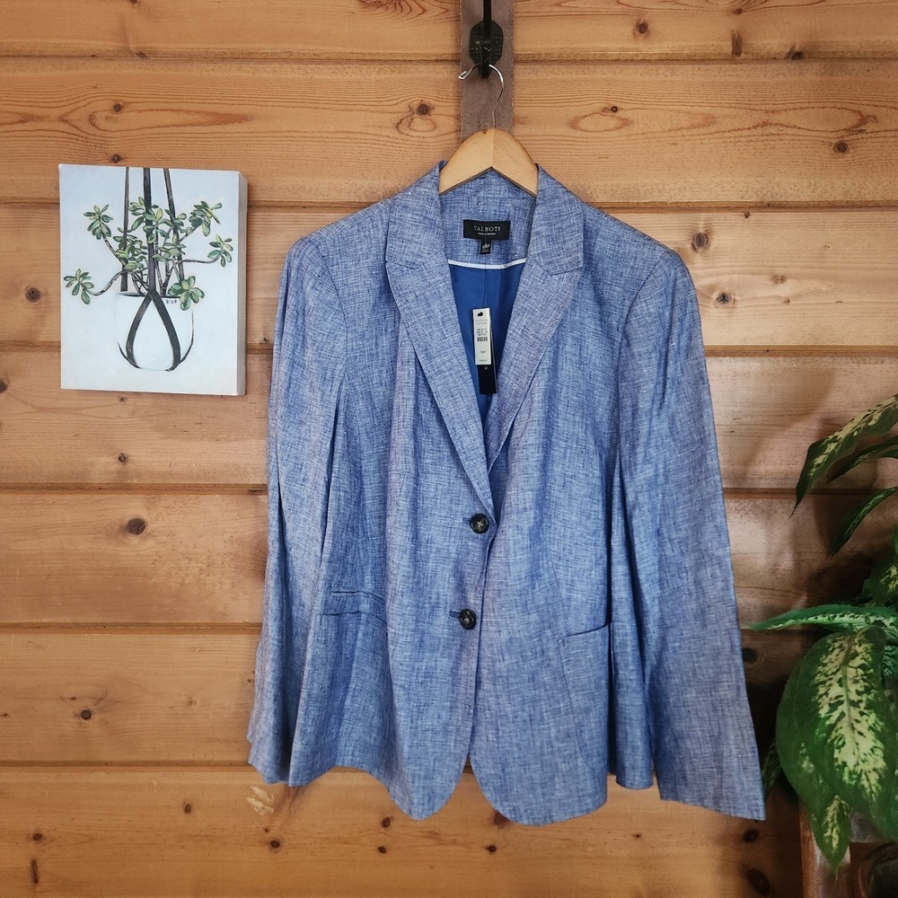 Talbots‎ NWT 100% Linen Chambray Light Blue Blazer Jacket Work Plus Petite Sz 18